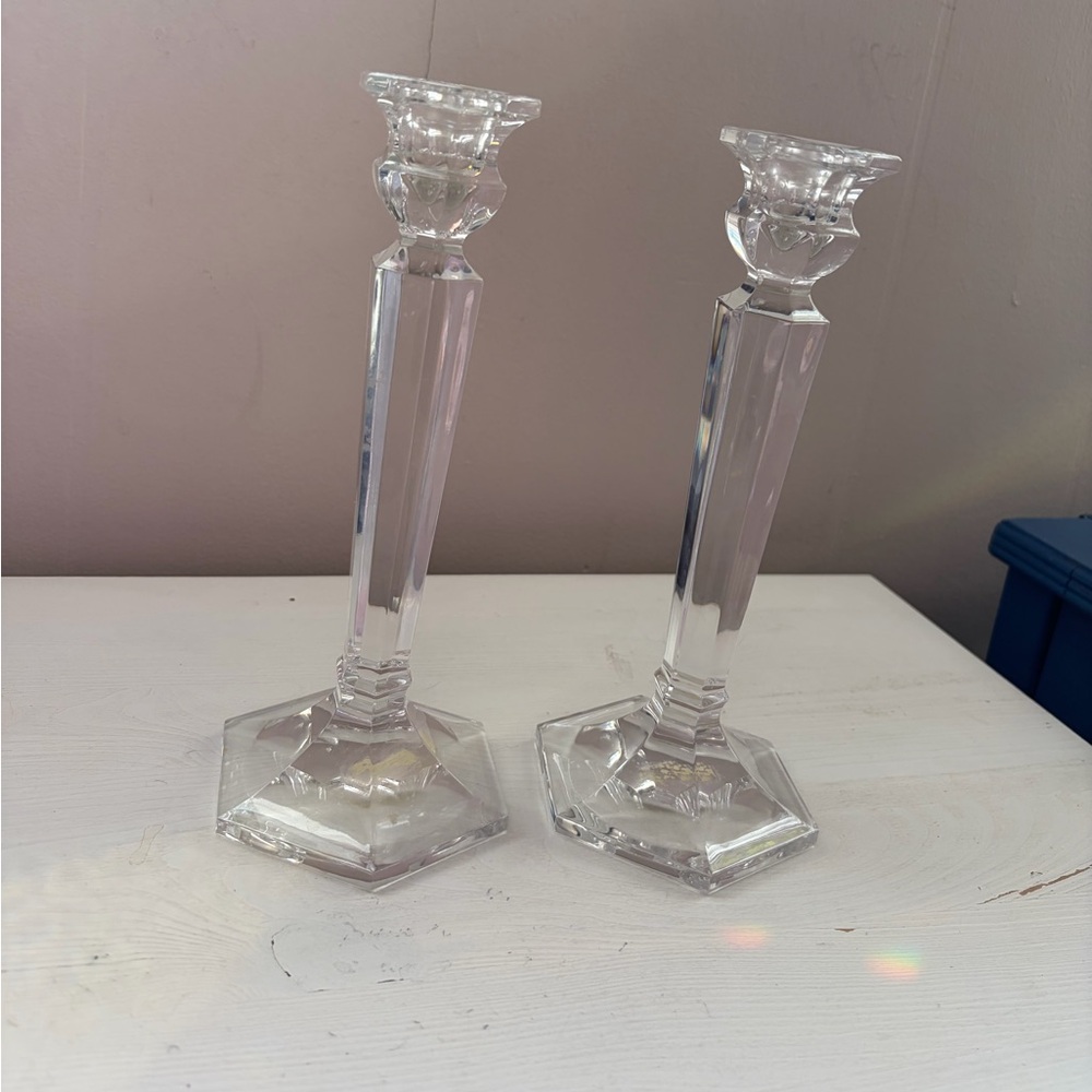 Tall Crystal Candlesticks Pair Modern Geometric Design 8.25”
